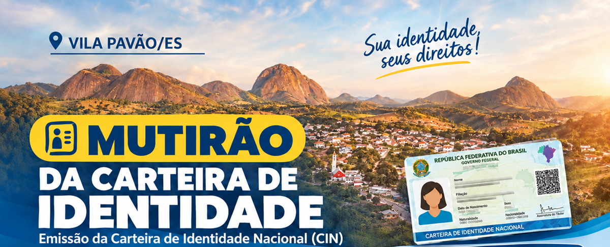 Imagem ilustrativa: arte do mutirão da nova carteira de identidade em Vila Pavão, com montanhas e modelo do documento