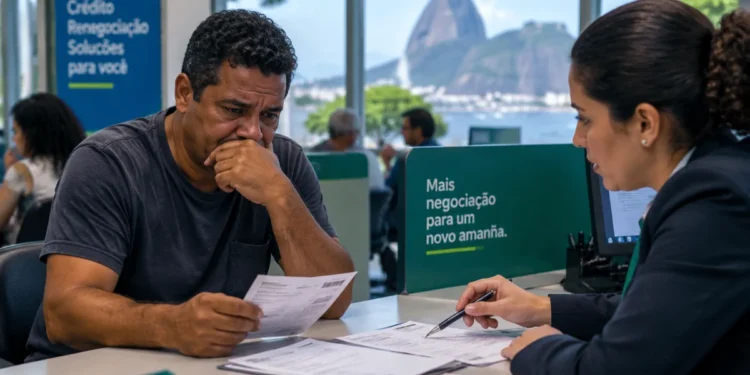 Homem participando de negociação de dívidas em agência bancária, representando o mutirão no Rio de Janeiro com condições especiais para regularização financeira.