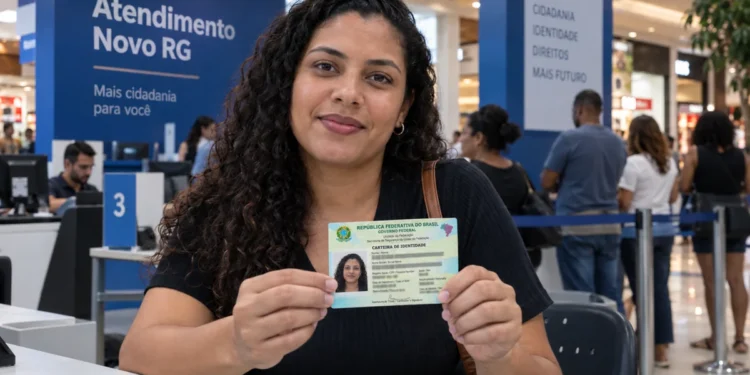 Mulher segura a nova Carteira de Identidade Nacional durante mutirão para emissão do documento em shopping sem agendamento.