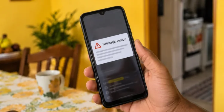 Notificação suspeita do Inmetro no celular representa o alerta sobre golpe envolvendo falsas fiscalizações do Instituto.