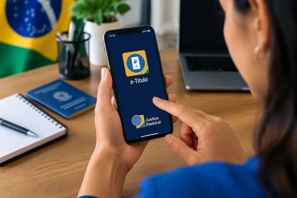 Pessoa utilizando smartphone com o aplicativo e-Título aberto, representando as novas funcionalidades digitais disponíveis para eleitores em 2026.