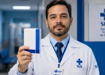 Médico do SUS segura uma embalagem de medicamento em unidade de saúde, representando os três novos medicamentos contra o câncer de pulmão.