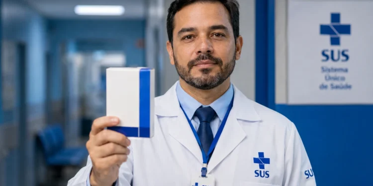 Médico do SUS segura uma embalagem de medicamento em unidade de saúde, representando os três novos medicamentos contra o câncer de pulmão.