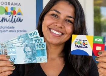 Mulher segura cartão do Bolsa Família e notas de dinheiro brasileiro, representando os novos valores dos adicionais após o reajuste do benefício.