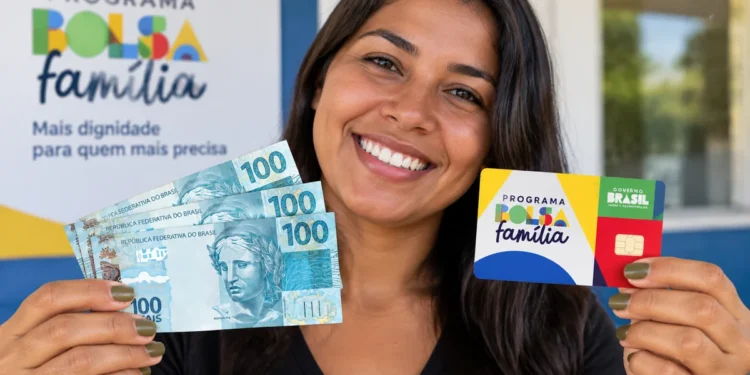 Mulher segura cartão do Bolsa Família e notas de dinheiro brasileiro, representando os novos valores dos adicionais após o reajuste do benefício.