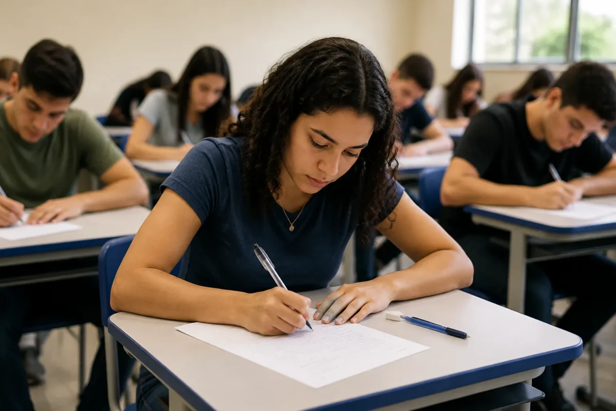 Estudante escrevendo redação durante prova em sala de aula com outros candidatos ao fundo