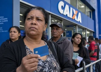 Fila de brasileiros em frente a uma agência da Caixa durante paralisação, com cliente segurando cartão de benefício
