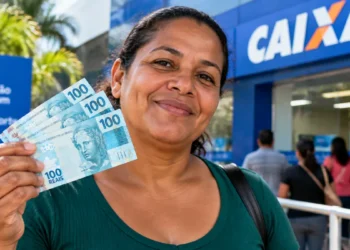 Mulher segura notas de R$ 100 em frente a uma agência da Caixa, representando o pagamento do Bolsa Família de outubro.