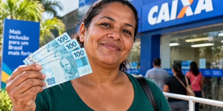 Mulher segura notas de R$ 100 em frente a uma agência da Caixa, representando o pagamento do Bolsa Família de outubro.