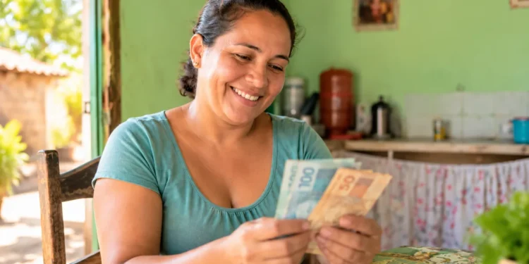Mulher segura dinheiro em casa, representando o pagamento de R$ 1.200 do programa Mães de Pernambuco.