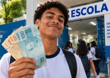 Estudante segura notas de reais na entrada de escola durante pagamento do programa Pé-de-Meia