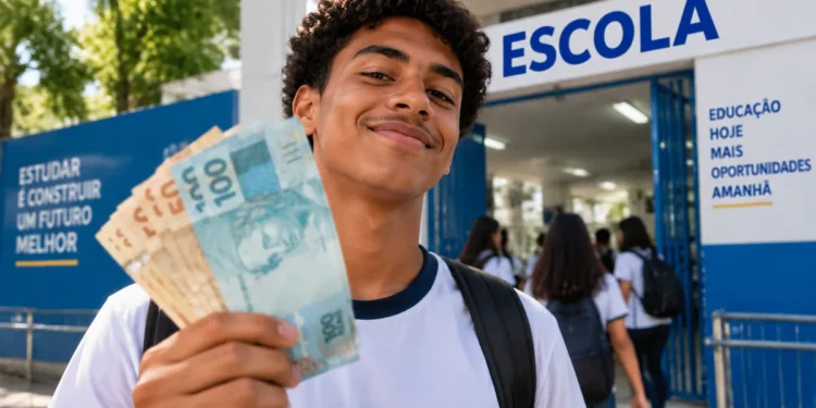 Estudante segura notas de reais na entrada de escola durante pagamento do programa Pé-de-Meia