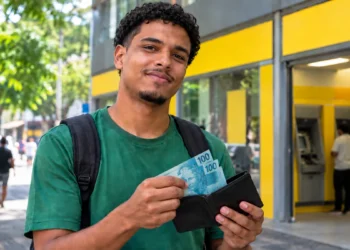 Jovem estudante segurando dinheiro, representando o pagamento de R$ 700 para saque e o depósito de R$ 350 na poupança do Pé-de-Meia.