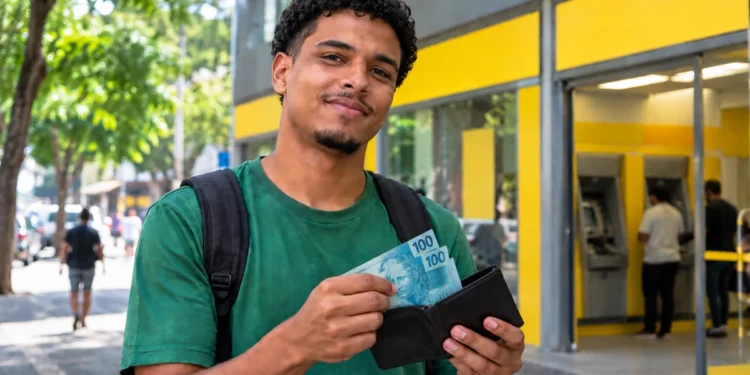 Jovem estudante segurando dinheiro, representando o pagamento de R$ 700 para saque e o depósito de R$ 350 na poupança do Pé-de-Meia.