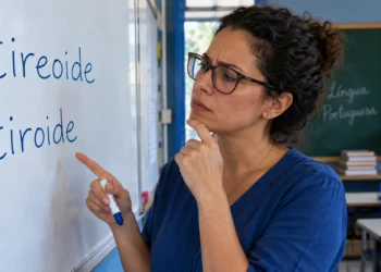 Professora aponta para as palavras “tireoide” e “tiroide” escritas em um quadro branco.