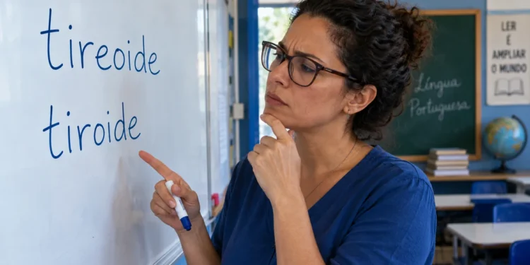Professora aponta para as palavras “tireoide” e “tiroide” escritas em um quadro branco.