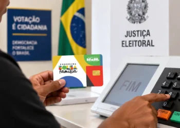 Pessoa segurando cartão do Bolsa Família em seção eleitoral com urna eletrônica ao fundo