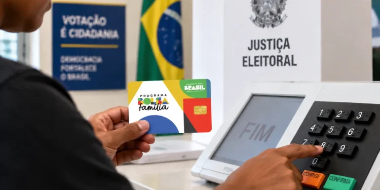 Pessoa segurando cartão do Bolsa Família em seção eleitoral com urna eletrônica ao fundo