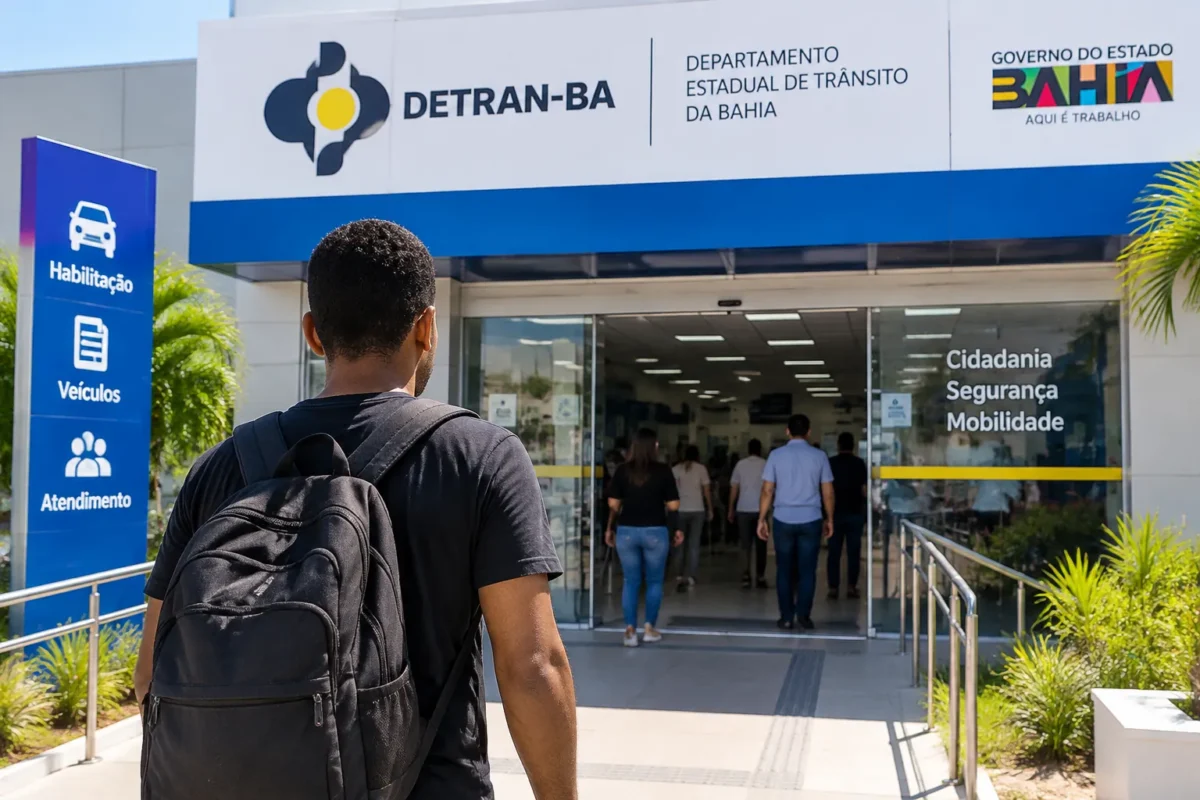 Pessoa chegando a uma unidade do Detran-BA, representando o início dos procedimentos para obtenção da habilitação gratuita.