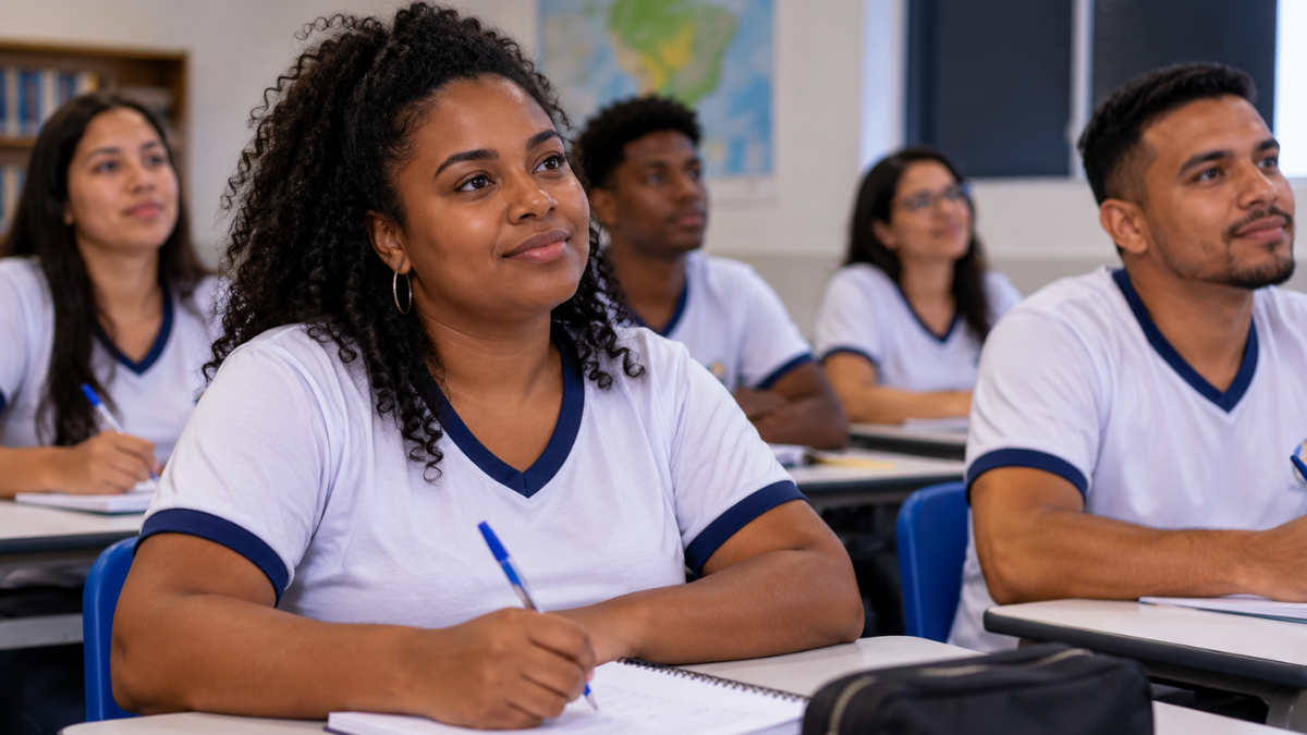 Estudantes da EJA em sala de aula durante período de pagamentos do Pé-de-Meia.