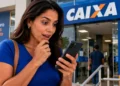 Mulher consulta o celular em frente a uma agência da Caixa, representando a divulgação do Pix parcelado pelo aplicativo.