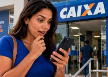 Mulher consulta o celular em frente a uma agência da Caixa, representando a divulgação do Pix parcelado pelo aplicativo.