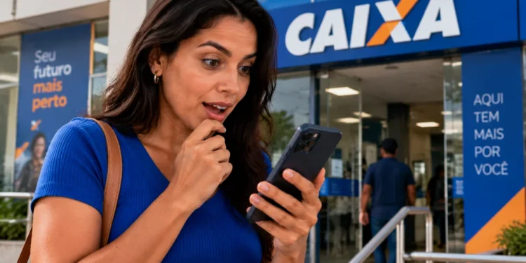 Mulher consulta o celular em frente a uma agência da Caixa, representando a divulgação do Pix parcelado pelo aplicativo.