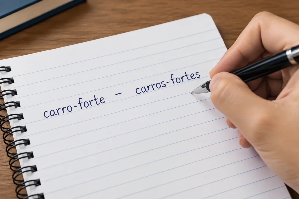 Mão escrevendo em caderno a forma plural de carro-forte para carros-fortes conforme a regra gramatical