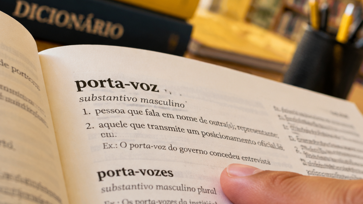 Dicionário aberto mostrando a palavra porta-voz e sua forma plural porta-vozes.