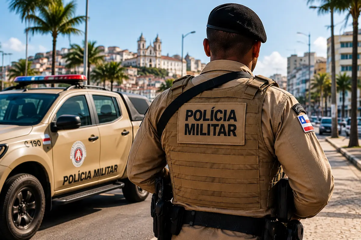 Policial militar da Bahia ao lado de viatura da Polícia Militar em área urbana.
