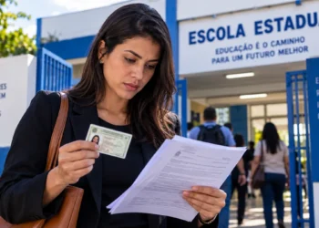 Professora confere documento de identificação e informações, representando o que é necessário para o dia da PND 2026.