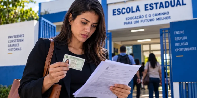 Professora confere documento de identificação e informações, representando o que é necessário para o dia da PND 2026.