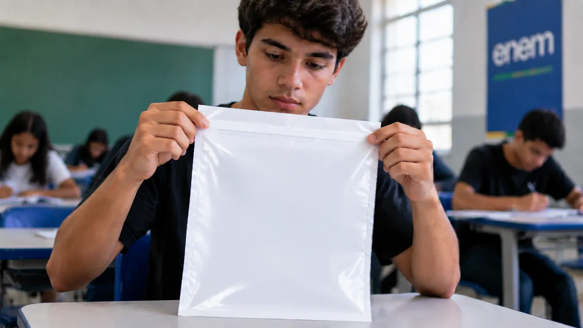 Estudante segura porta-objetos branco durante aplicação do Enem 2026 em sala de aula