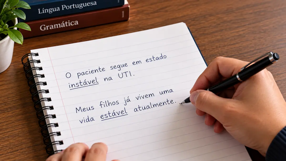 Pessoa escreve exemplos de uso das palavras estável e instável em um caderno.