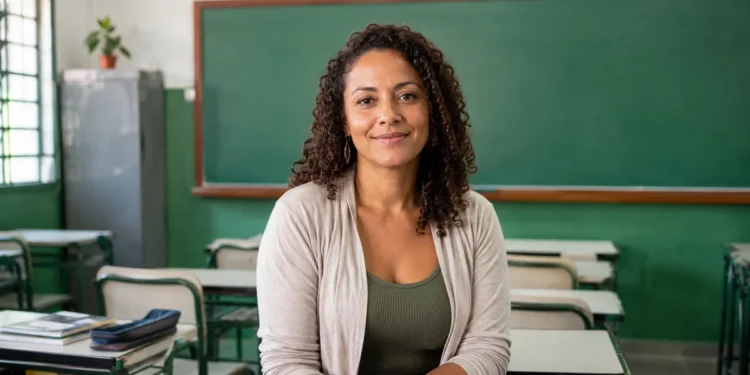 Professora em sala de aula representa oportunidades de pós-graduação gratuita para docentes da educação básica