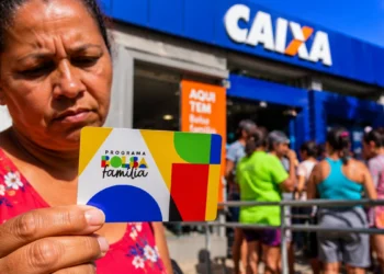 Beneficiária segura cartão do Bolsa Família em frente a uma agência da Caixa, em contexto de possível manutenção dos valores em 2027.