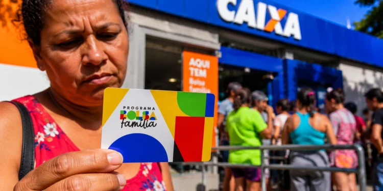 Beneficiária segura cartão do Bolsa Família em frente a uma agência da Caixa, em contexto de possível manutenção dos valores em 2027.