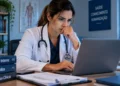 Médica analisa informações em notebook com expressão de preocupação, representando o prazo para apresentação de recursos contra os gabaritos preliminares do Enamed e Revalida.