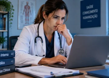 Médica analisa informações em notebook com expressão de preocupação, representando o prazo para apresentação de recursos contra os gabaritos preliminares do Enamed e Revalida.