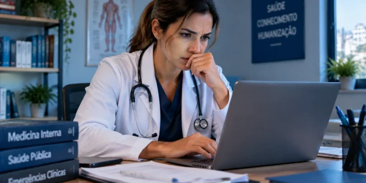 Médica analisa informações em notebook com expressão de preocupação, representando o prazo para apresentação de recursos contra os gabaritos preliminares do Enamed e Revalida.