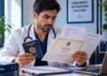 Médico analisa diploma e documentos, representando o prazo para o envio da documentação comprobatória do Revalida 2026/2.