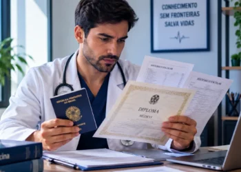 Médico analisa diploma e documentos, representando o prazo para o envio da documentação comprobatória do Revalida 2026/2.