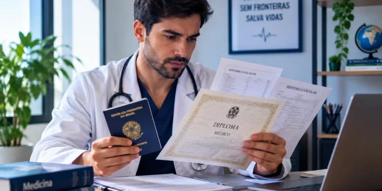 Médico analisa diploma e documentos, representando o prazo para o envio da documentação comprobatória do Revalida 2026/2.