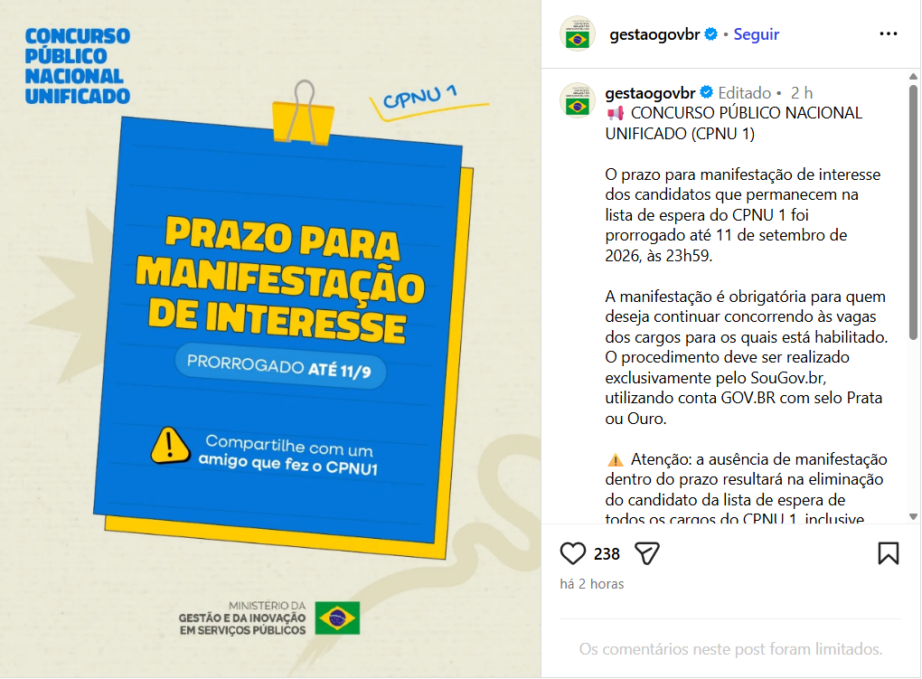 Prazo para manifestação de interesse da lista de espera do CNU 1 é prorrogado até 11 de setembro de 2026.