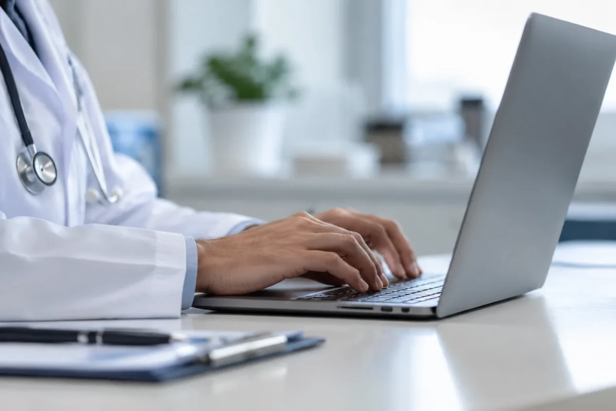 Médico utilizando notebook em sala representa o processo de recurso contra o gabarito preliminar do Enamed e do Revalida.