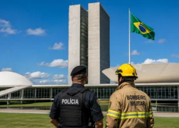 Policial e bombeiro militar em frente ao Congresso Nacional, representando a aprovação do projeto que beneficia essas categorias profissionais.