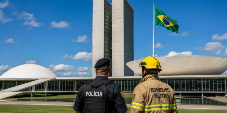 Policial e bombeiro militar em frente ao Congresso Nacional, representando a aprovação do projeto que beneficia essas categorias profissionais.
