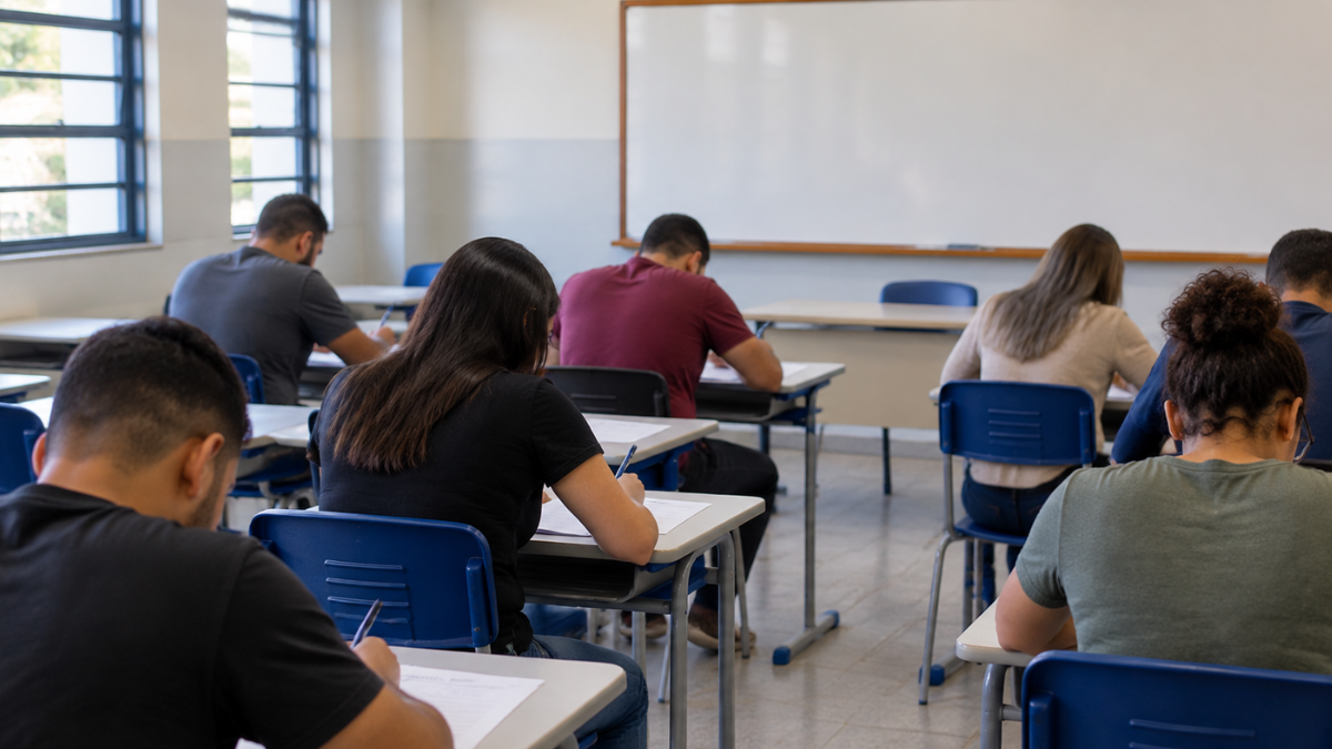 Candidatos realizam prova de concurso público em sala de aula representando o concurso da Polícia Civil do Amapá.