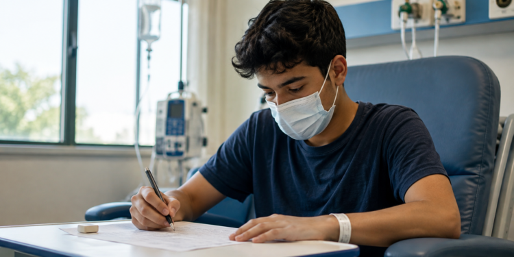 Estudante usa máscara e realiza prova escrita em ambiente hospitalar durante tratamento de saúde.