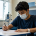 Estudante usa máscara e realiza prova escrita em ambiente hospitalar durante tratamento de saúde.
